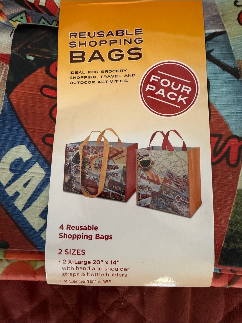 Reusable Foldable Tote Bag - Retro Postcard Print in Red & Multicolor - Picture 2 of 5